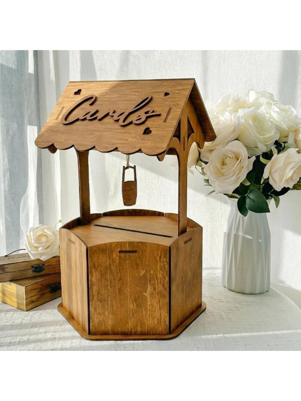 Hexagon Wooden Wedding Card Box & Wishing Well for Party Decor, Rustic Charm